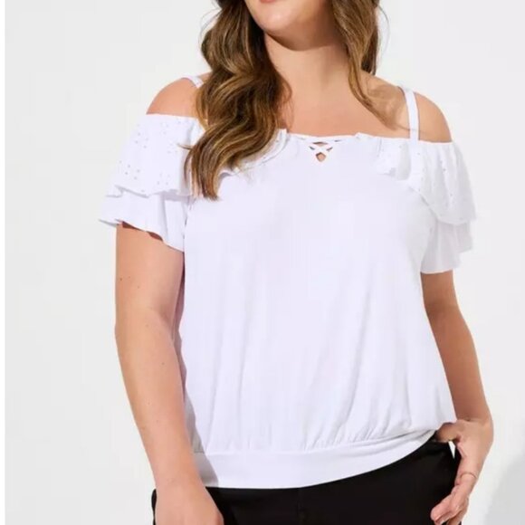 Super Soft Cold Shoulder Eyelet Ruffle Top - Picture 1 of 7